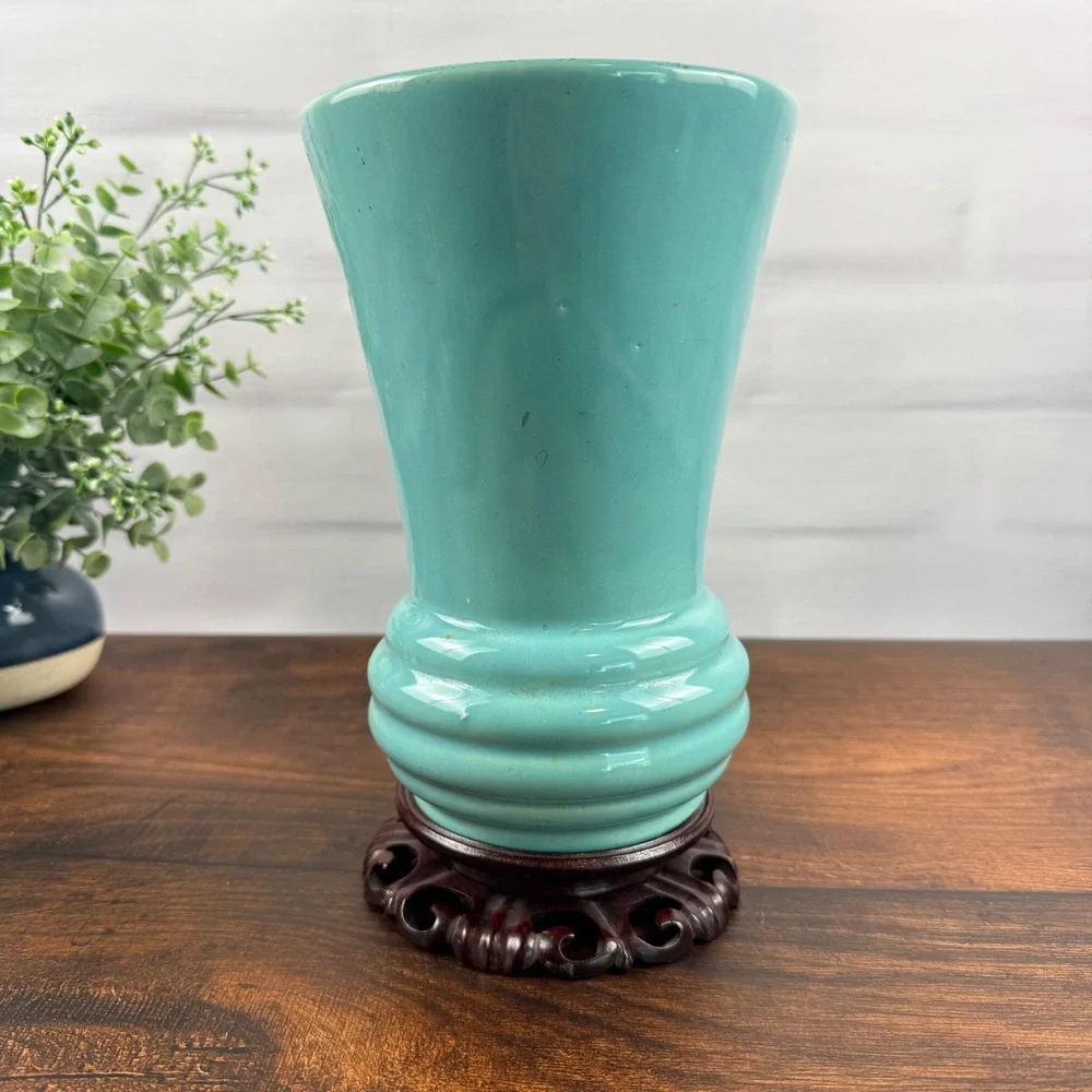 McCoy USA Pottery Aqua Turquoise Flared Vase Ringed Base Mid Century